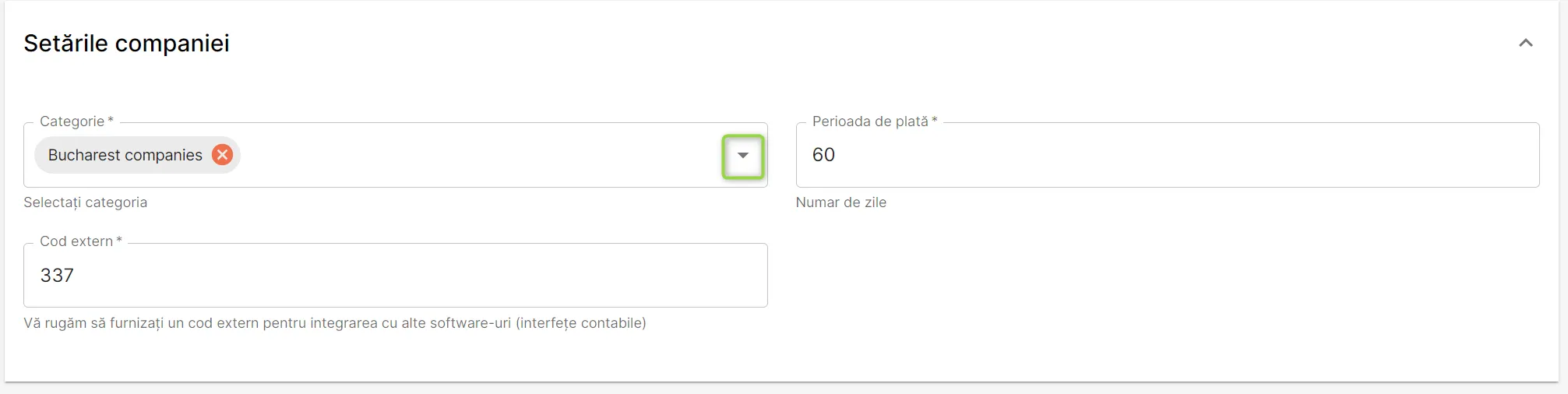 Secțiunea Setările companiei