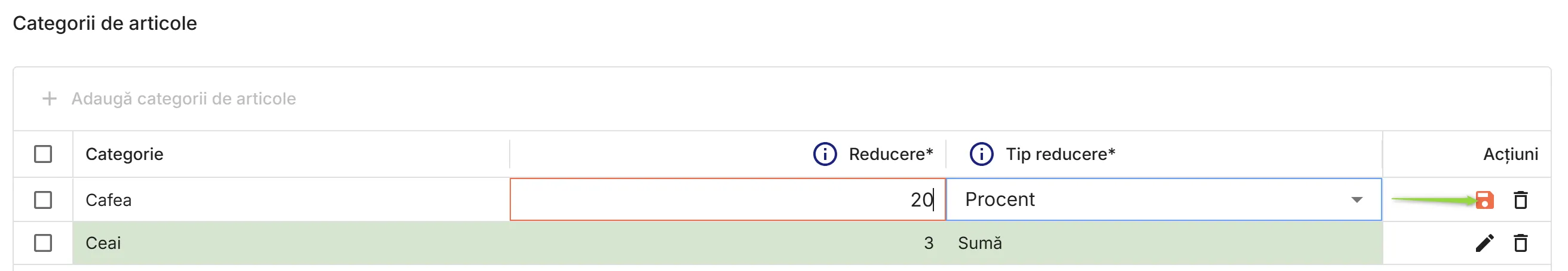 Definire reduceri pentru categoriile de articole selectate