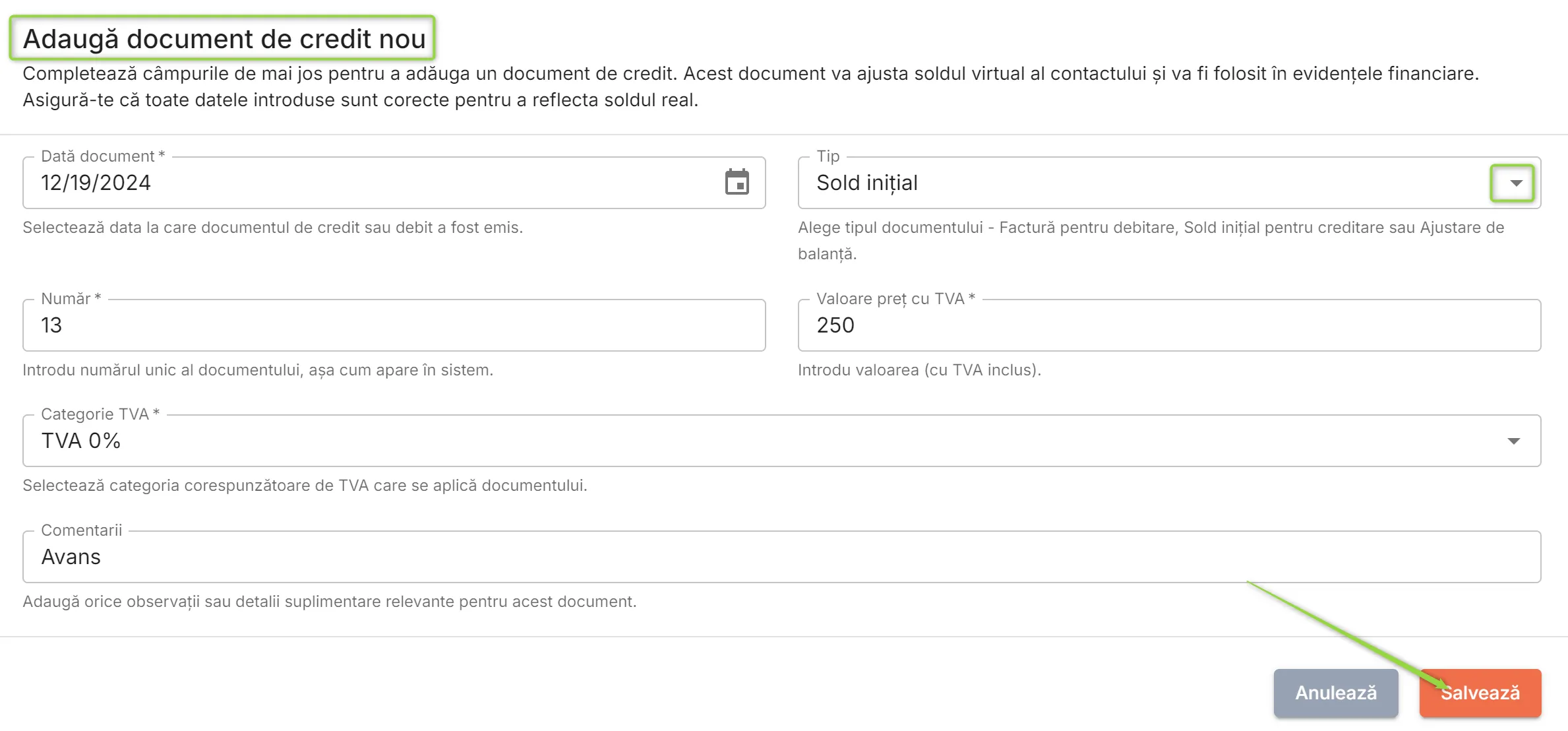 Adaugă un document de credit nou