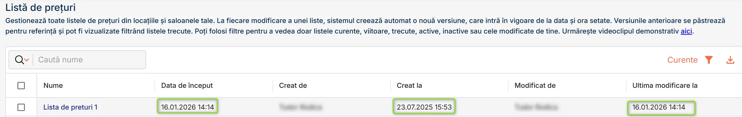 Formatul datei și orei afișate în listele de prețuri