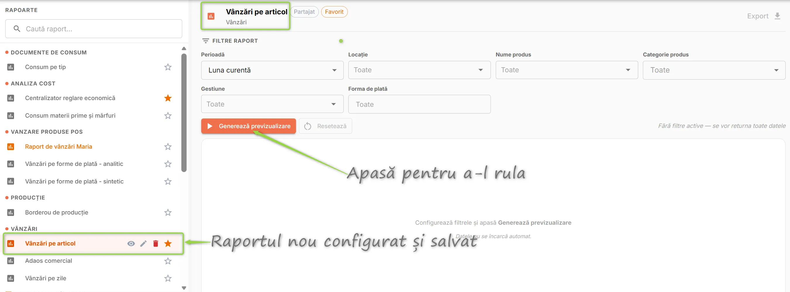 Raportul salvat poate fi rulat din pagina Rapoarte