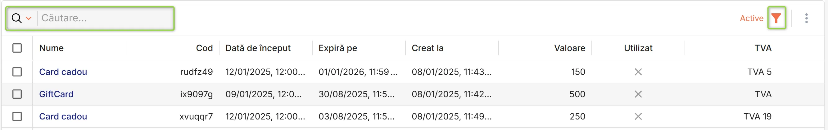 Lista cu cardurile cadou din sistem