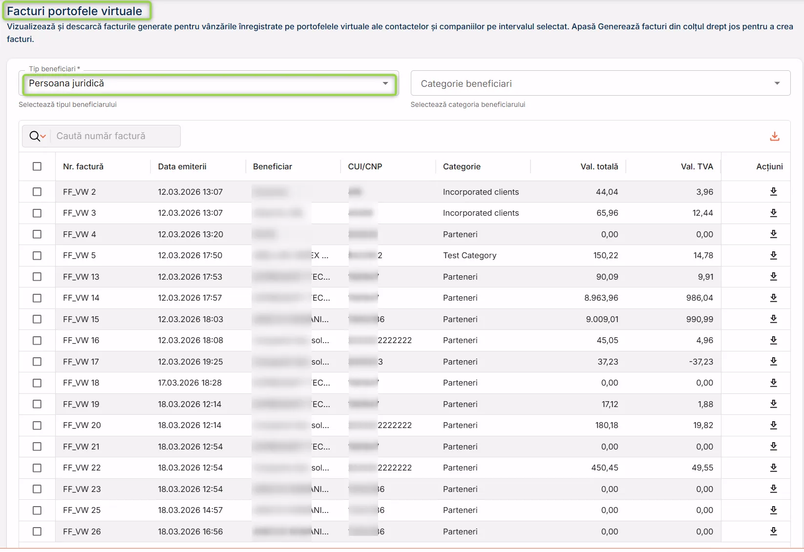 Facturile generate sunt afișate în lista de facturi Facturile generate sunt afișate în lista de facturi