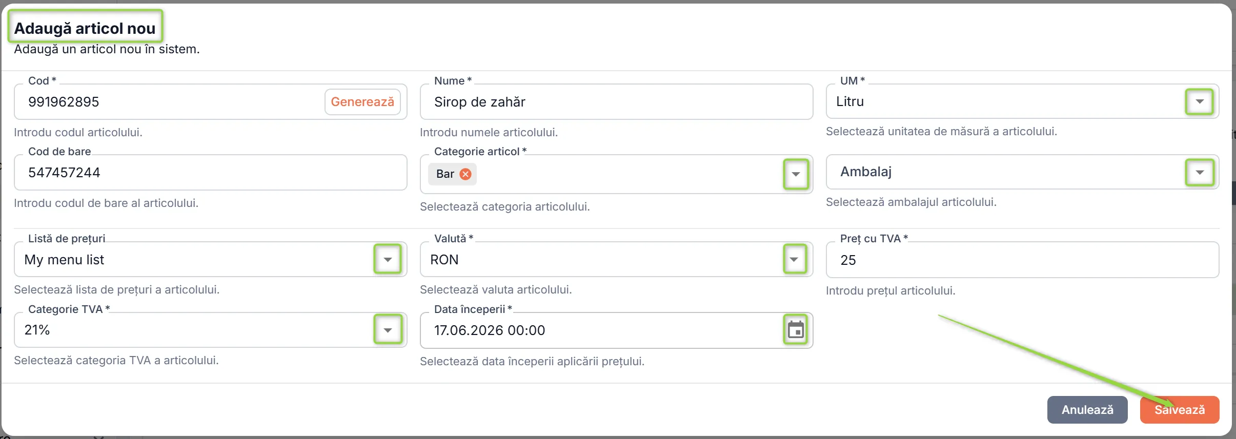 Fereastra de adăugare rapidă a unui produs nou