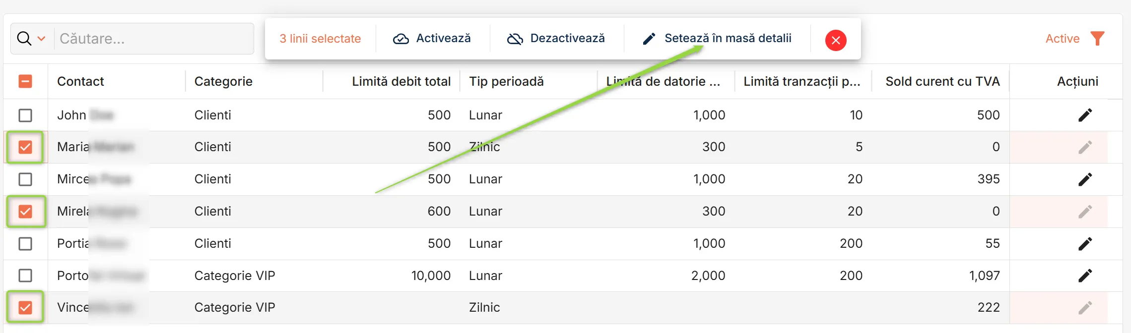 Alege contactele pentru setarea detaliilor în masă Alege contactele pentru setarea detaliilor în masă