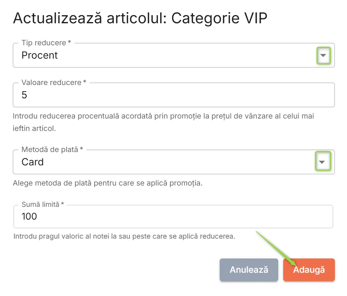 Definire reduceri promoționale pentru o categorie de contacte
