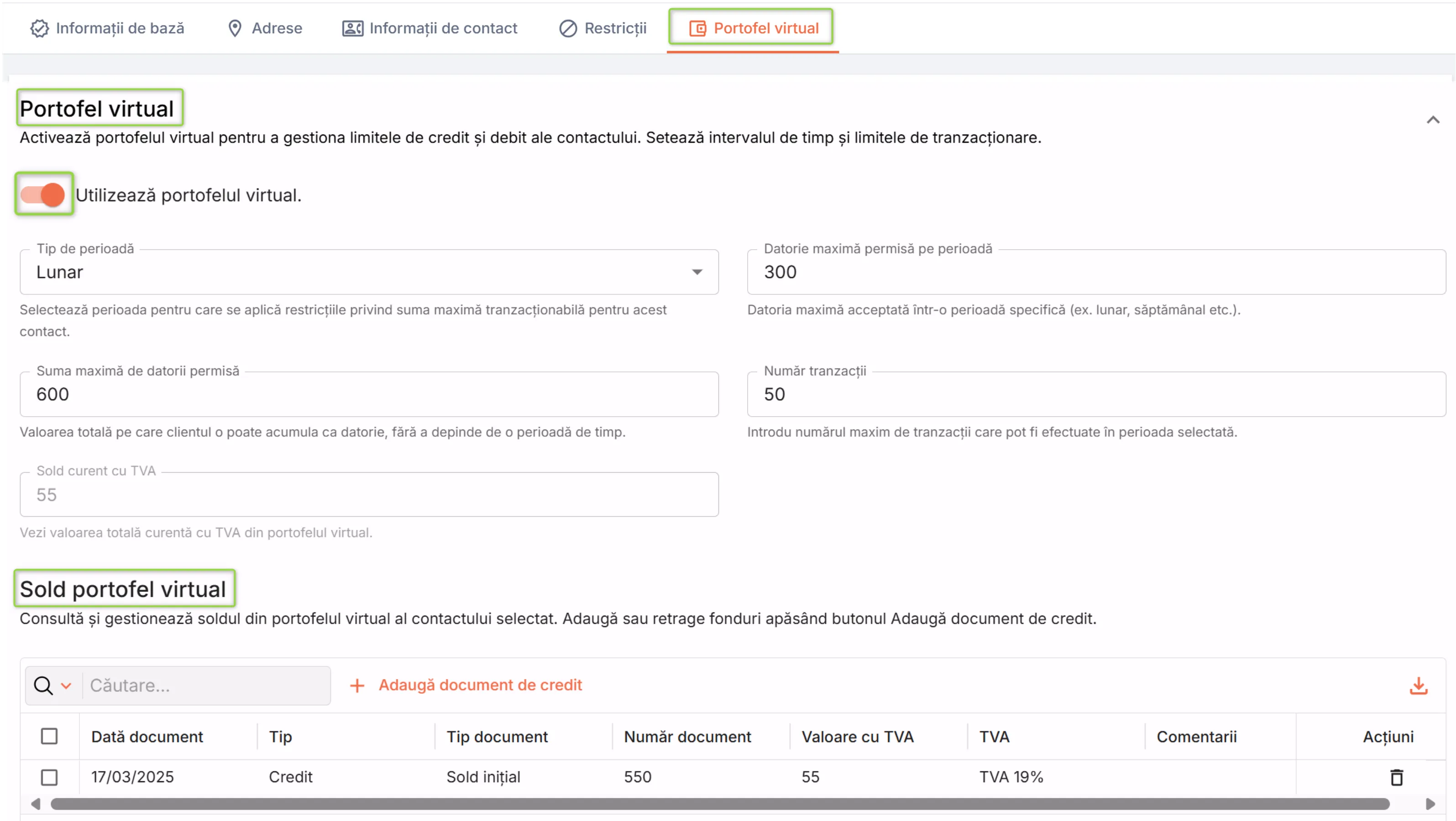 Secțiunea Portofel virtual Secțiunea Portofel virtual