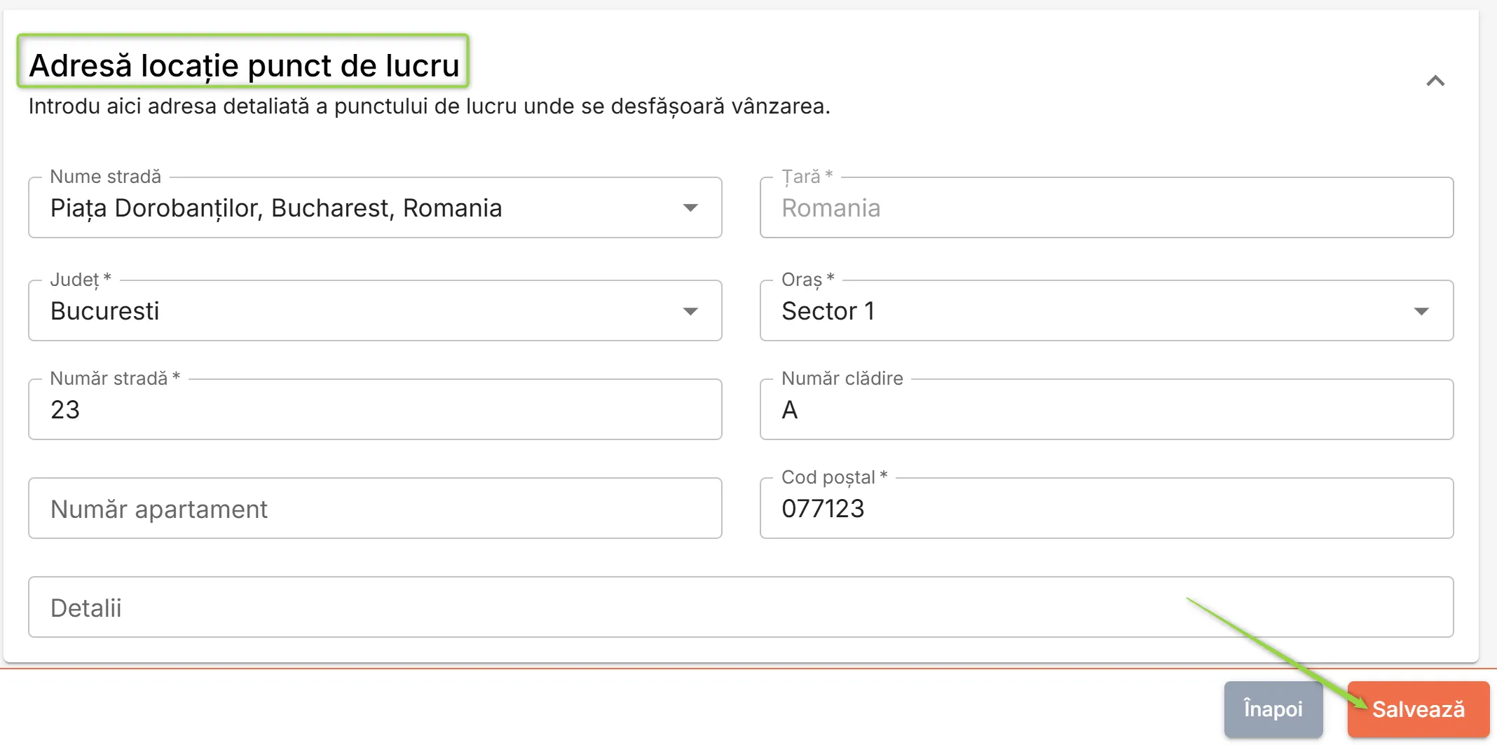 Secțiunea Adresă locație punct de lucru