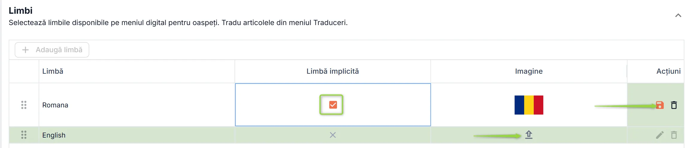Secțiunea Limbi, cu limba Română setată ca implicită și imagine încărcată