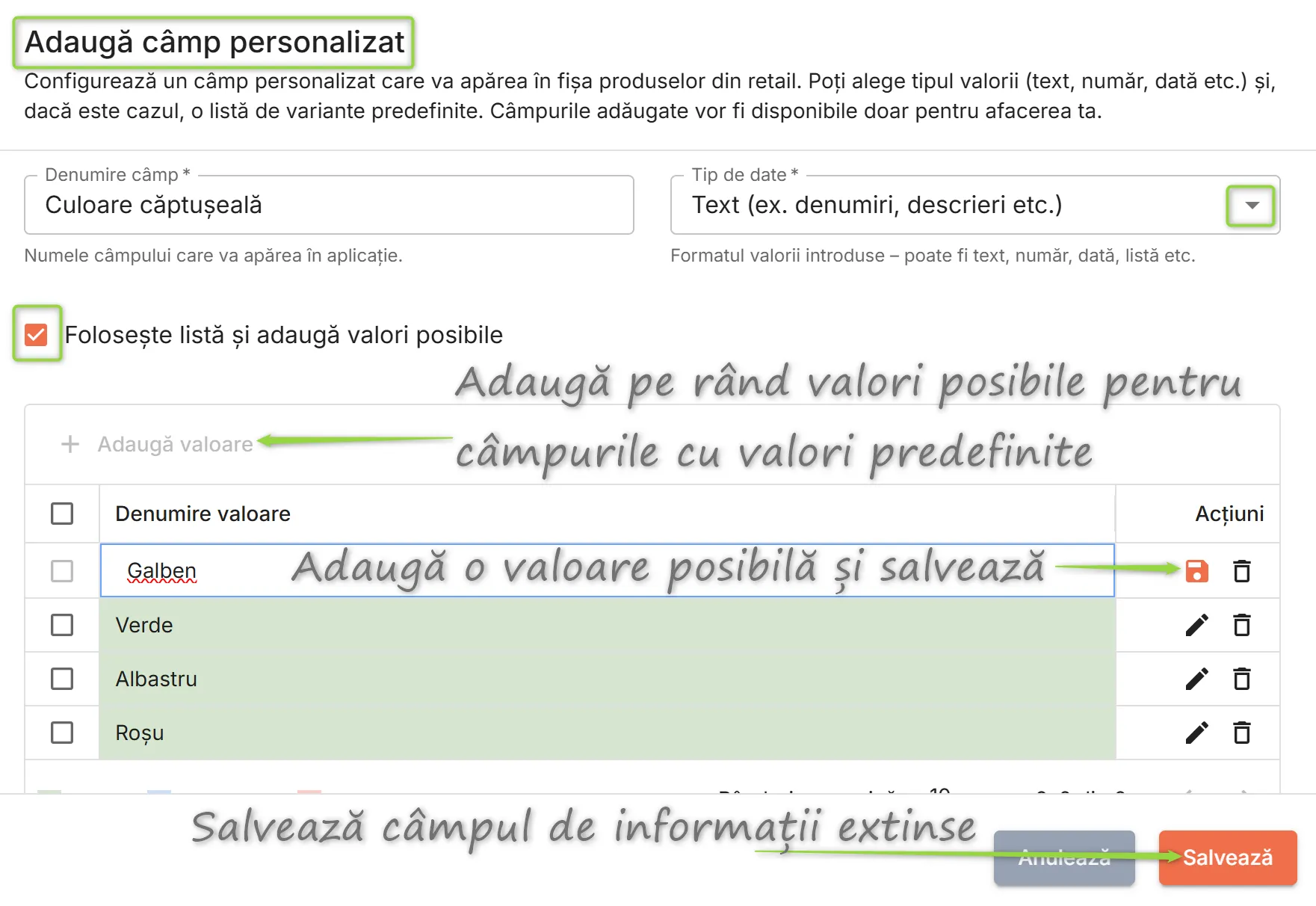 Adaugă câmp pentru informații extinse Retail