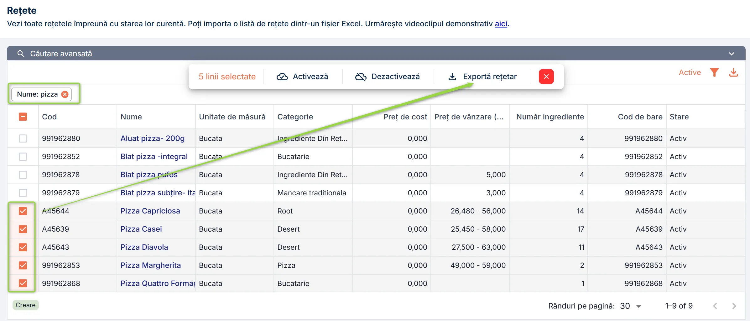 Export parțial de rețetar