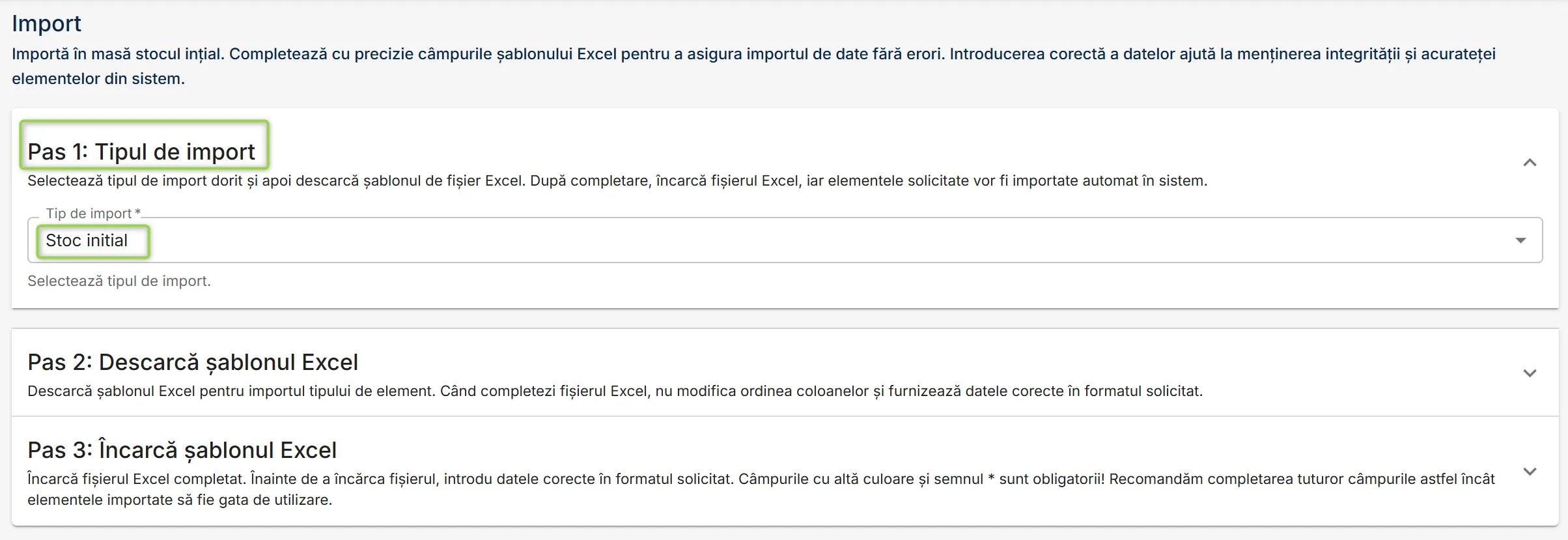 Secțiunea Tipul de import