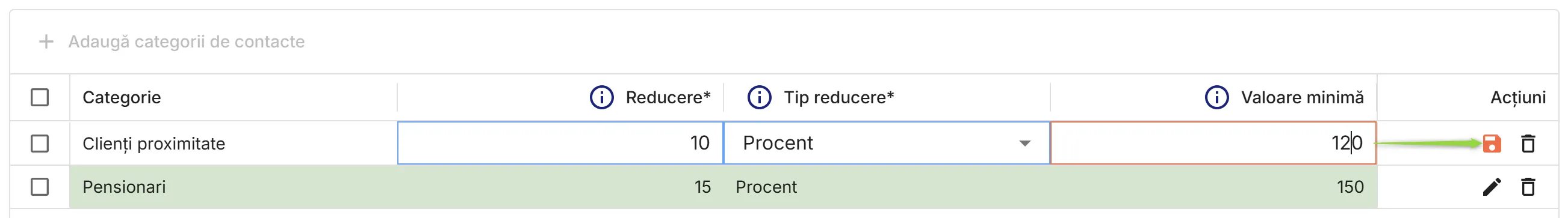 Definire reduceri pentru categoriile de contacte selectate