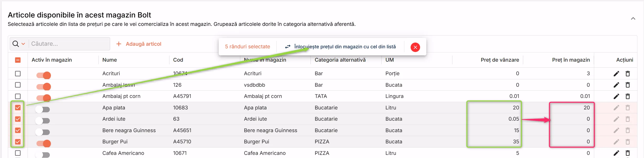 Înlocuiește prețul din magazin cu cel din lista de prețuri selectată