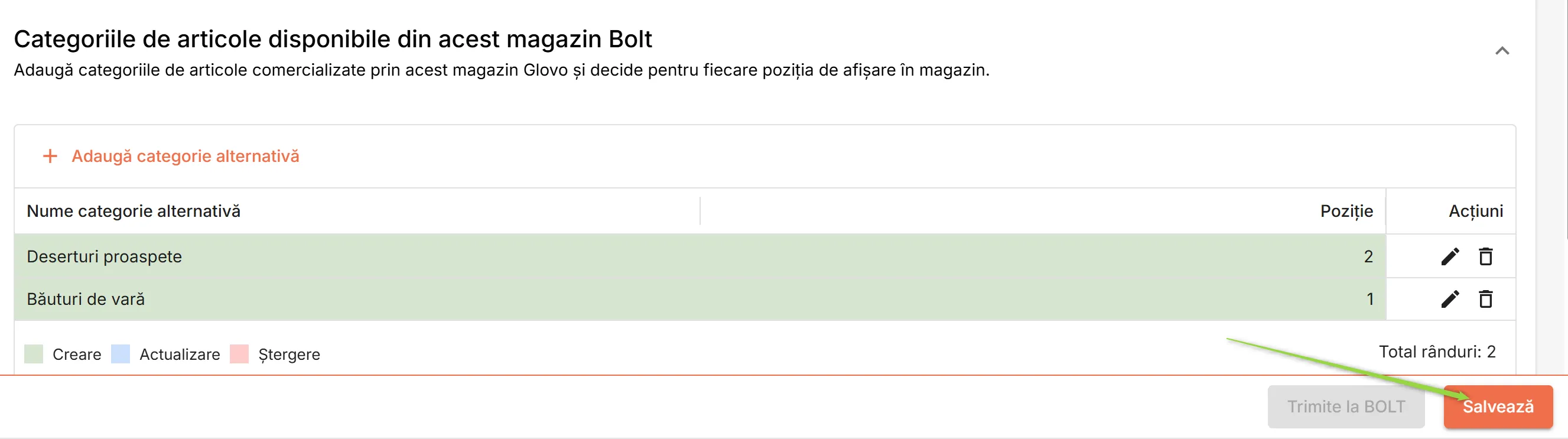 Salvează categoriile alternative în baza de date