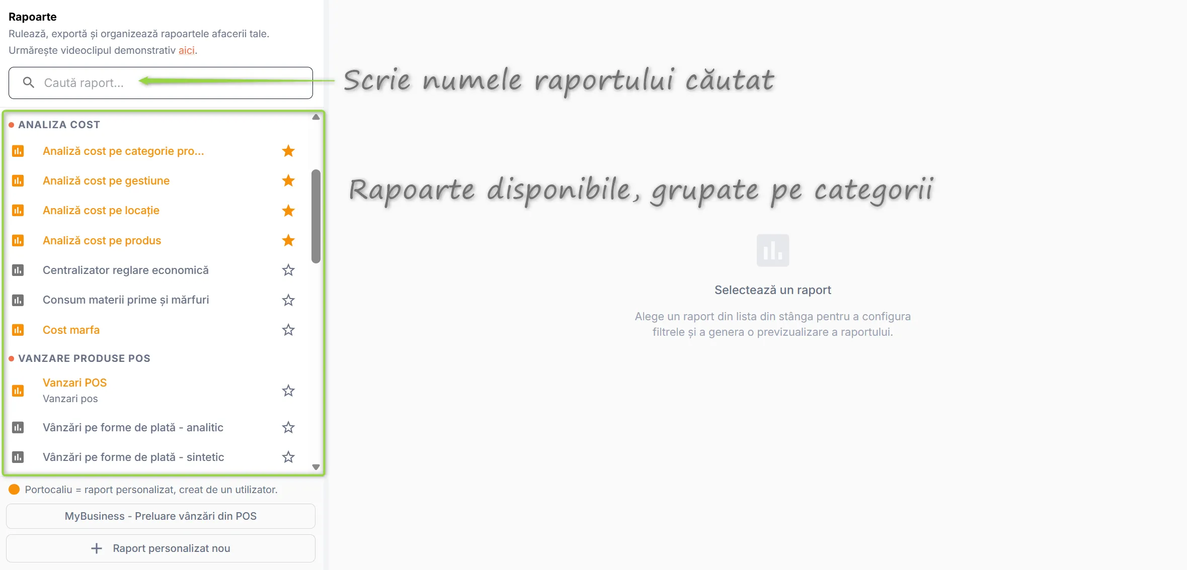 Lista rapoartelor disponibile, grupate pe categorii
