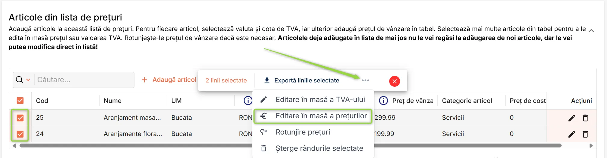 Editare în masă a prețurilor