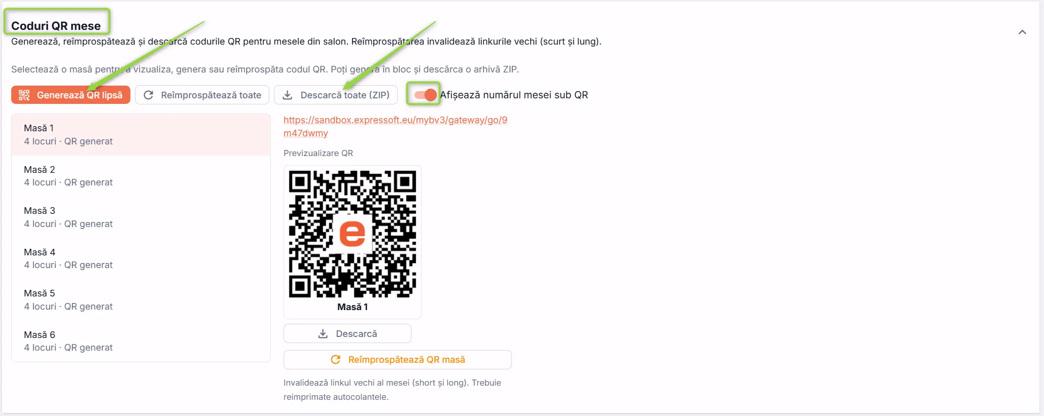 Secțiunea Coduri QR mese