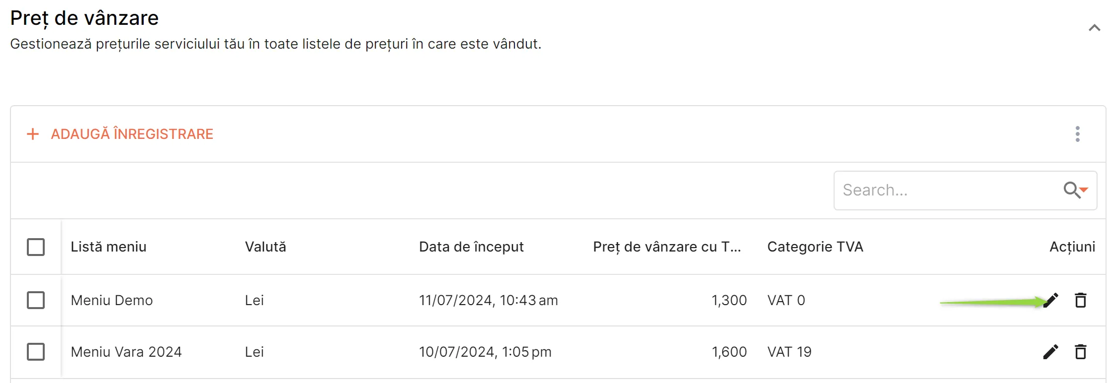 Modifică un preț de vânzare Modifică un preț de vânzare