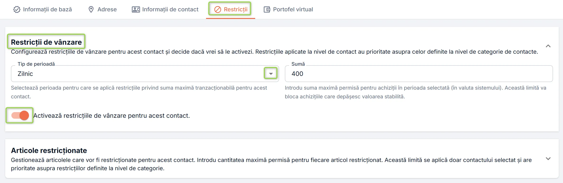 Secțiunea Restricții de vânzare Secțiunea Restricții de vânzare