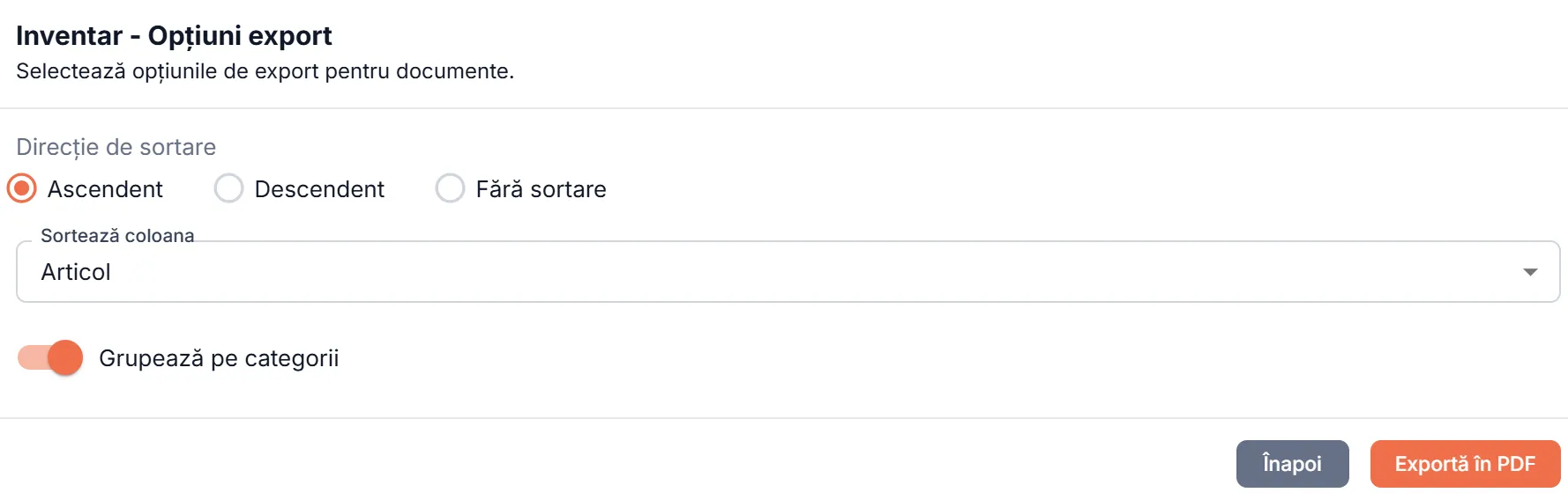 Opțiuni export inventar în lucru