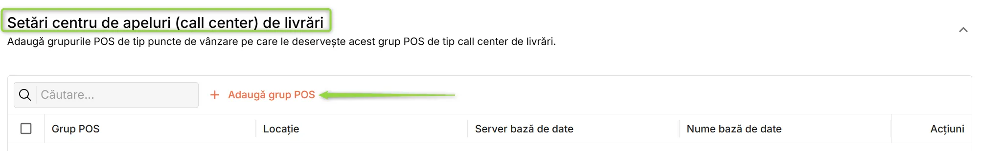 Secțiunea Setări centru de apeluri (call center) de livrări