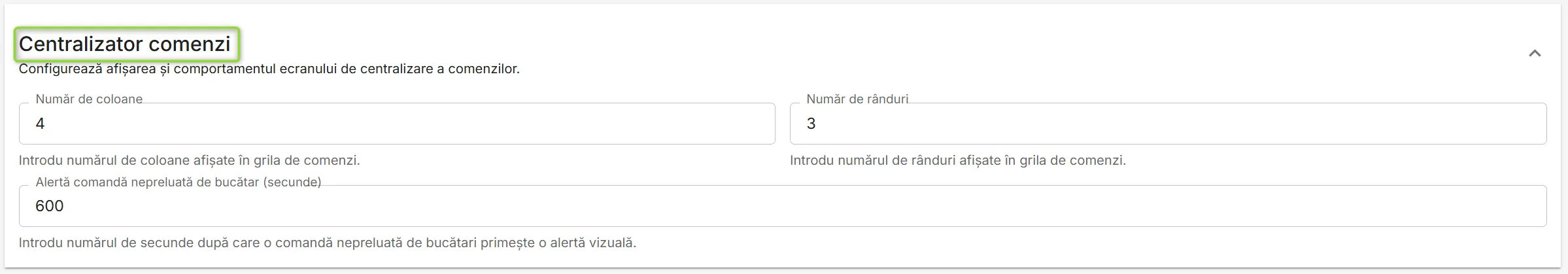 Secțiunea Centralizator comenzi din Stații de lucru