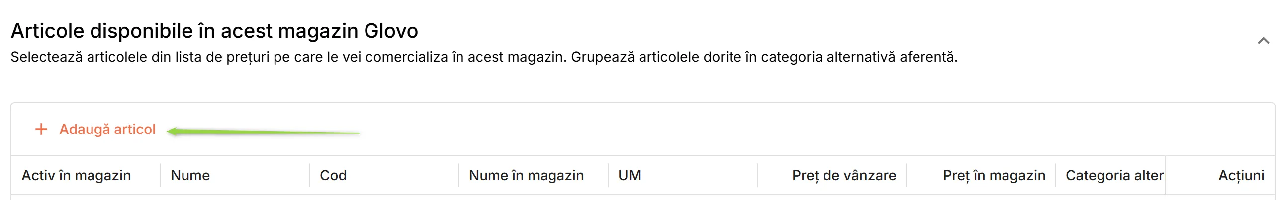 Secțiunea Articole disponibile în acest magazin Glovo