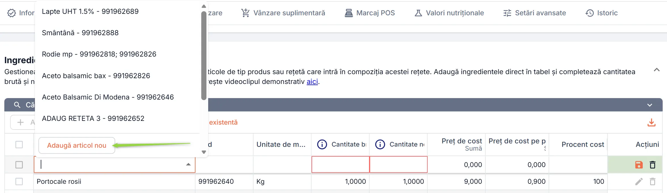 Adăugare rapidă prin butonul Adaugă articol nou