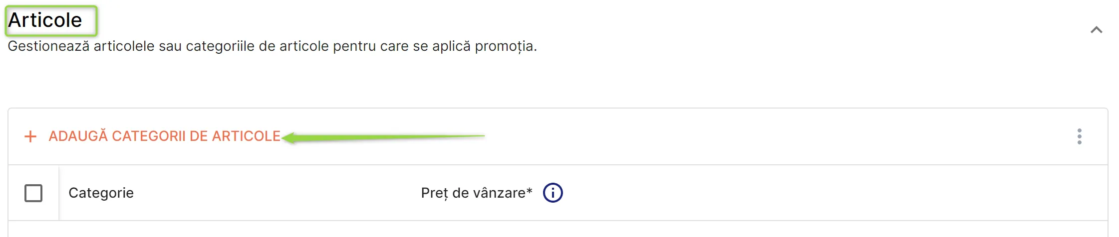 Secțiunea Articole – lista de categorii de articole din promoție