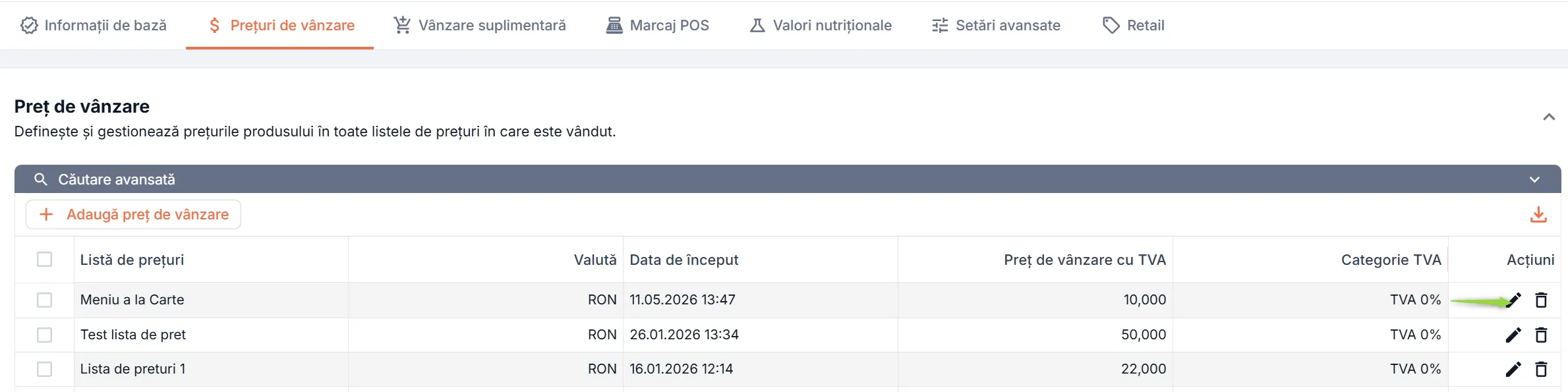 Modifică un preț de vânzare Modifică un preț de vânzare