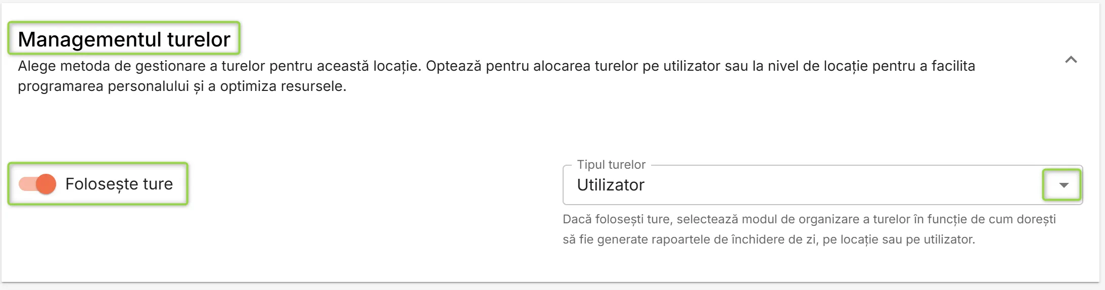 Secțiunea Managementul turelor