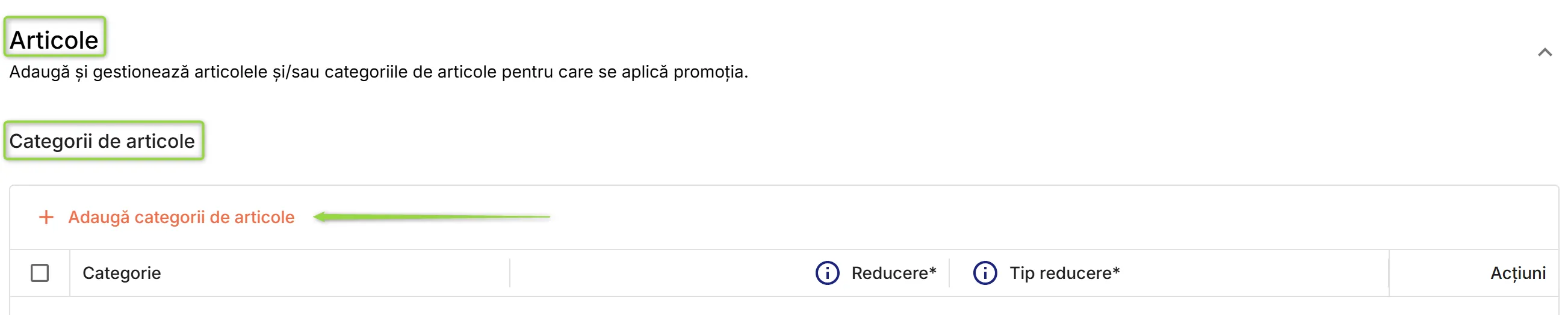 Secțiunea Articole – lista de categorii de articole din promoție