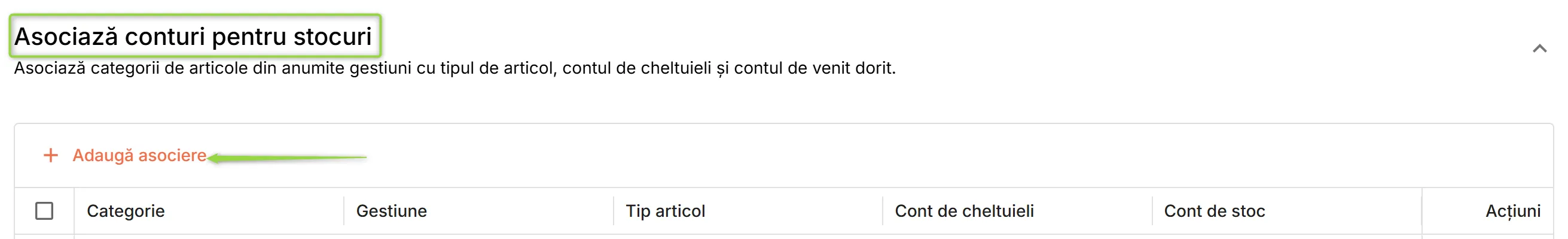 Secțiunea Asociază conturi pentru stocuri