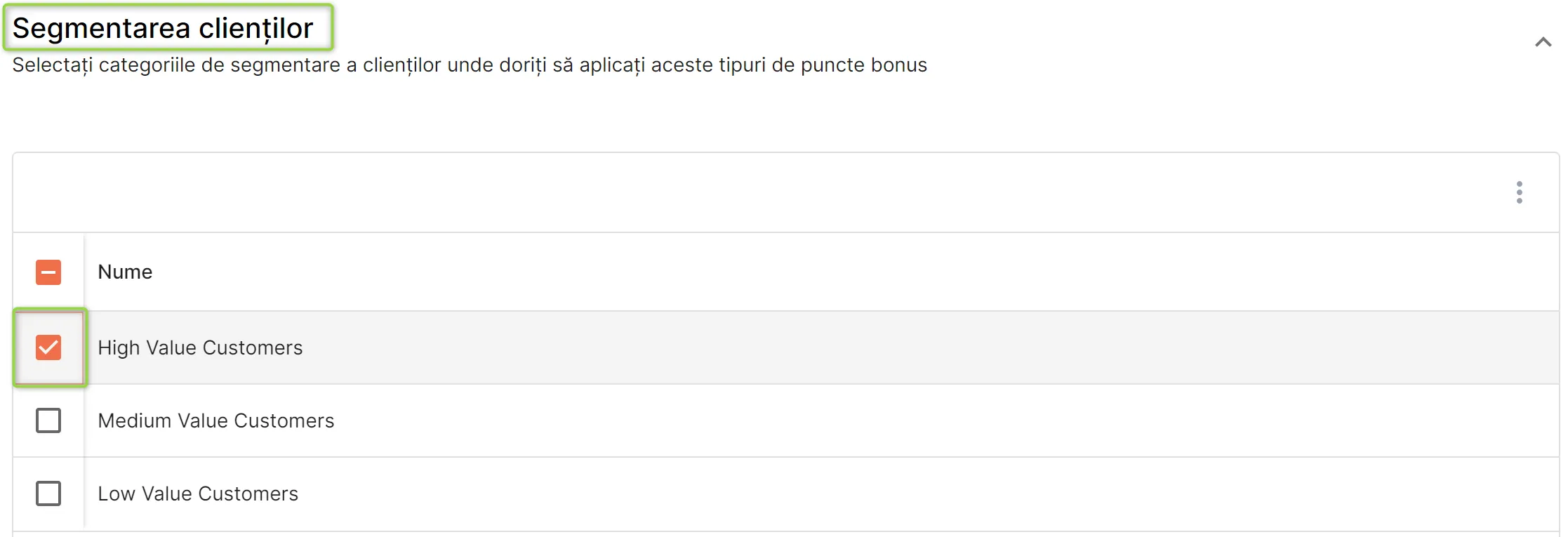 Secțiunea Segmentarea clienților Secțiunea Segmentarea clienților