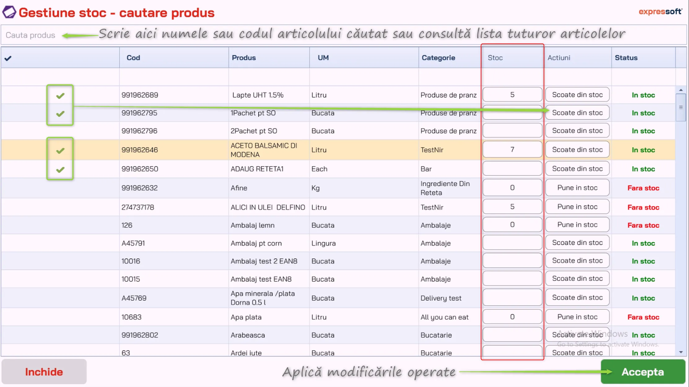 Scoate din/pune în stoc articolele selectate