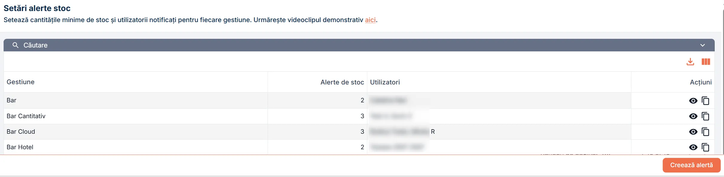 Pagina Setări alerte stoc