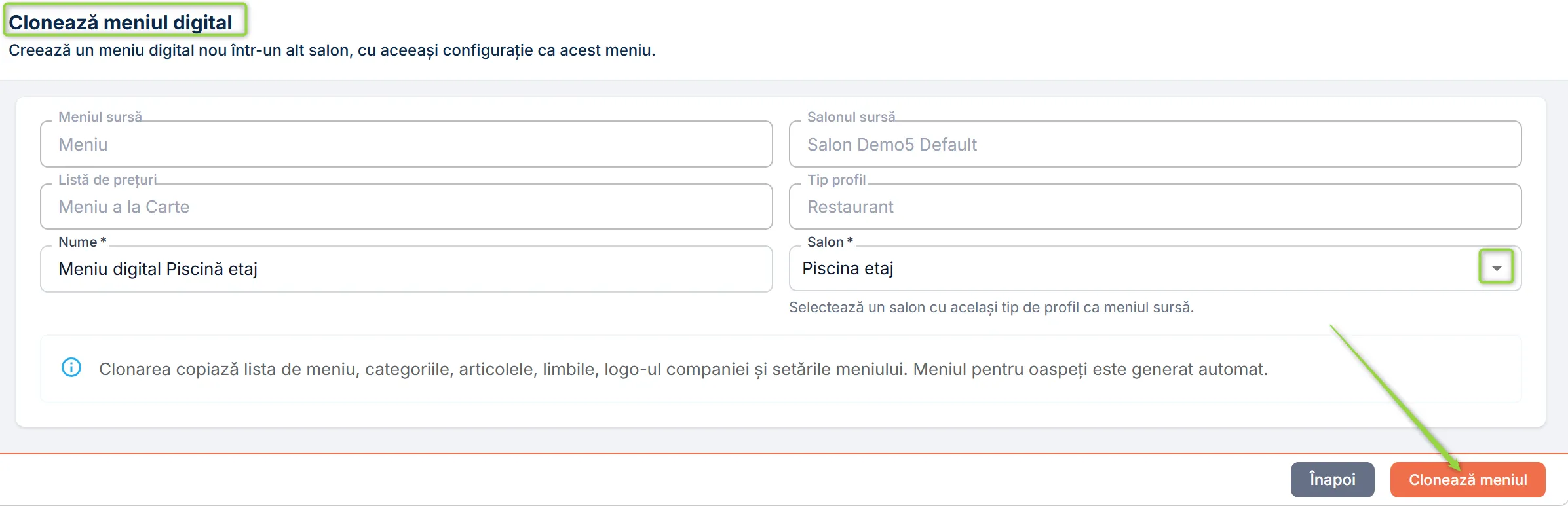 Pagina Clonează meniul digital