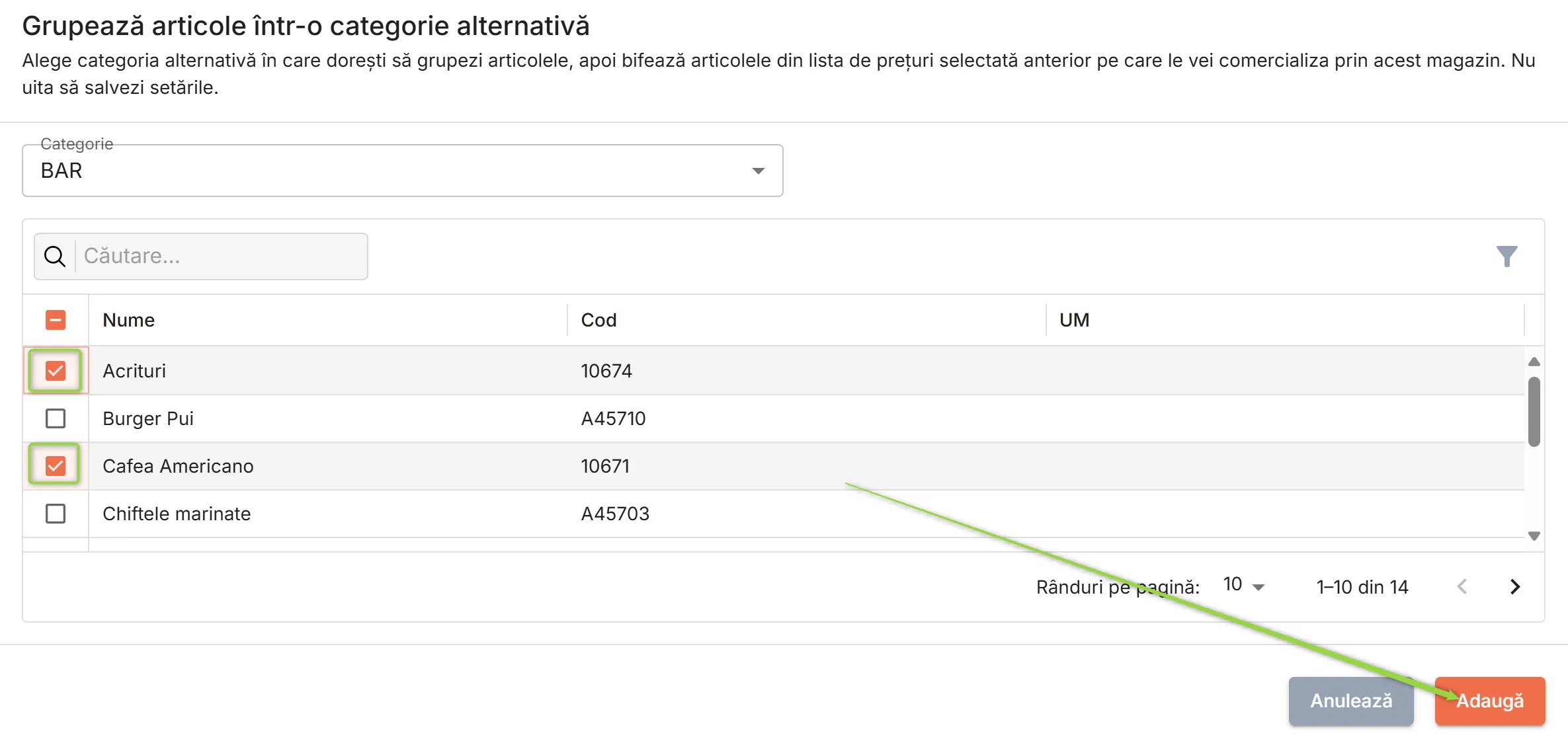 Bifează articolele alese pentru categoria selectată Bifează articolele alese pentru categoria selectată