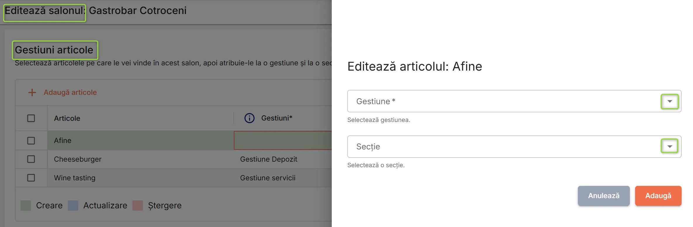 Adăugare articole în saloane – selectează gestiune și secție