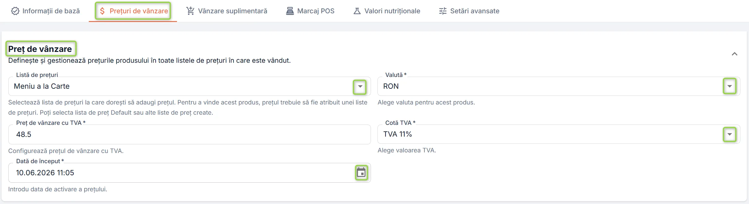 Secțiunea Preț de vânzare Secțiunea Preț de vânzare