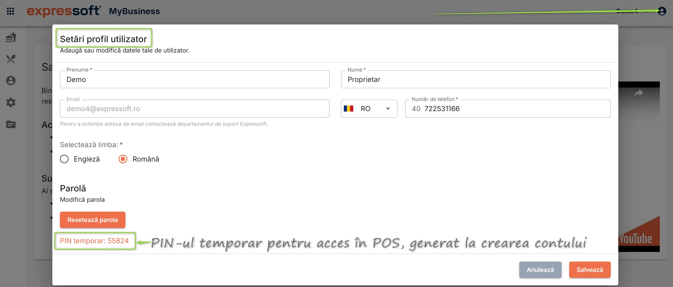 Setări profil utilizator - PIN temporar pentru POS
