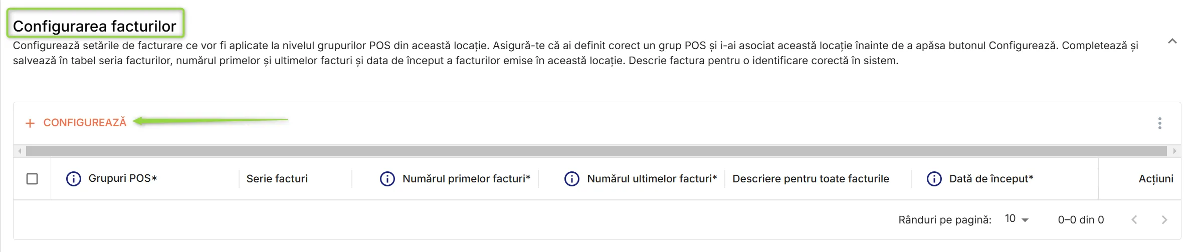 Secțiunea Configurarea facturilor