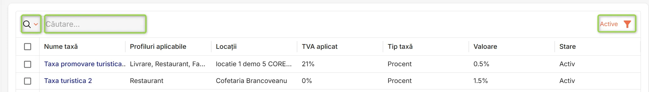 Filtrare și căutare taxe suplimentare