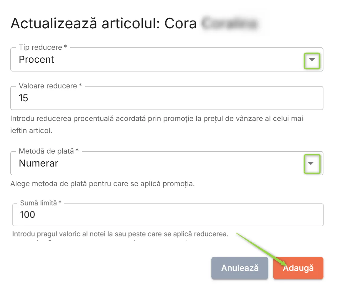 Definire reduceri pentru contactele selectate