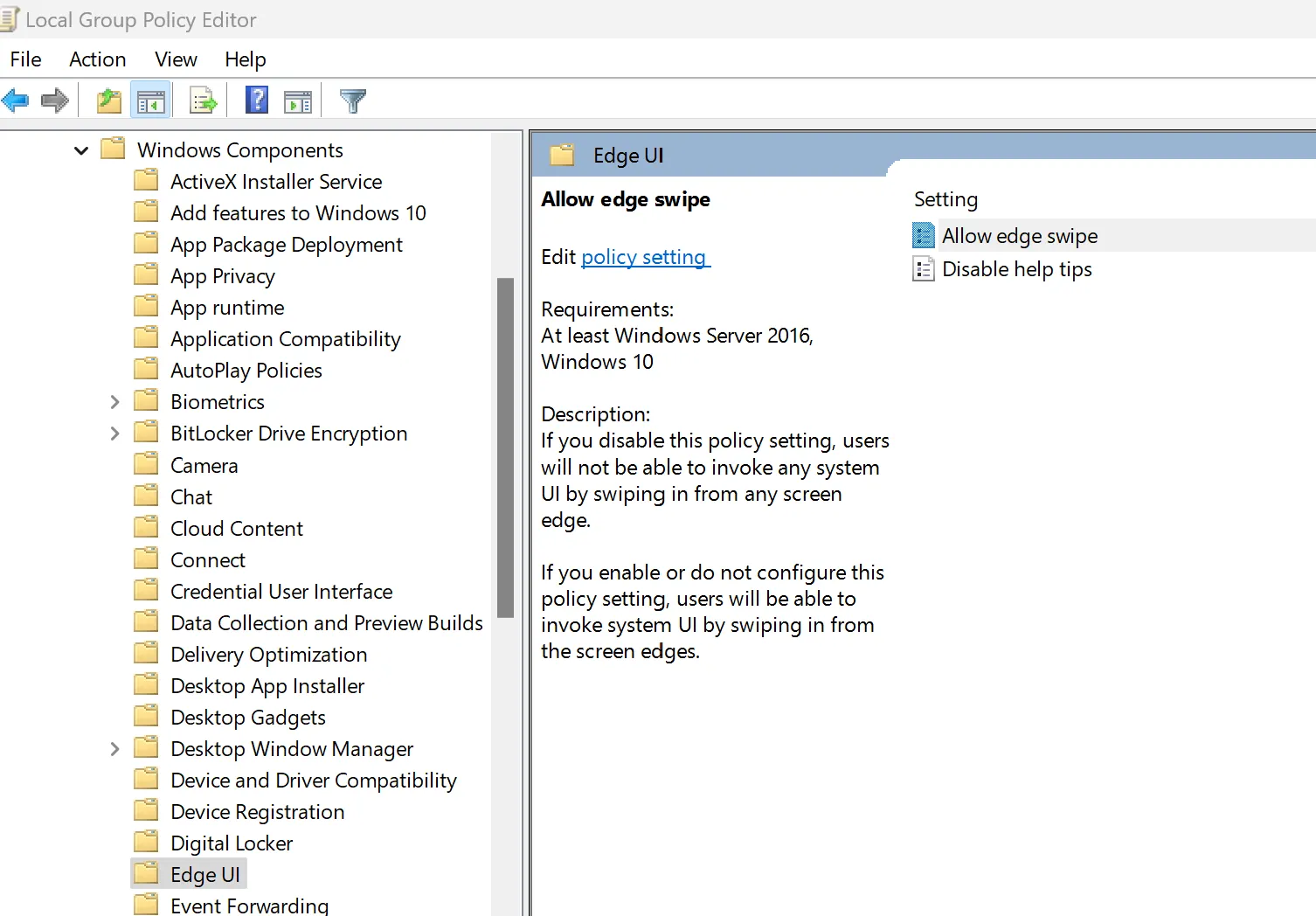 Deschide Allow edge swipe