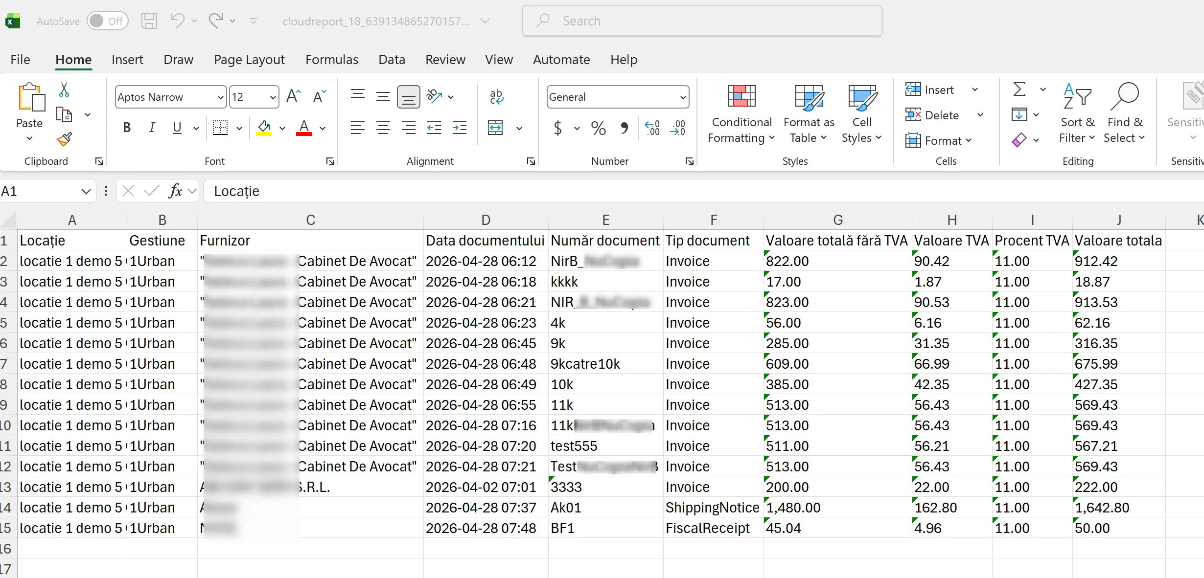 Raportul exportat ca fișier Excel