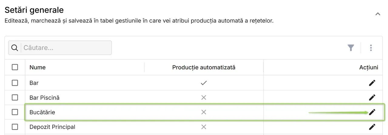 Editează gestiunea pentru a-i seta producția