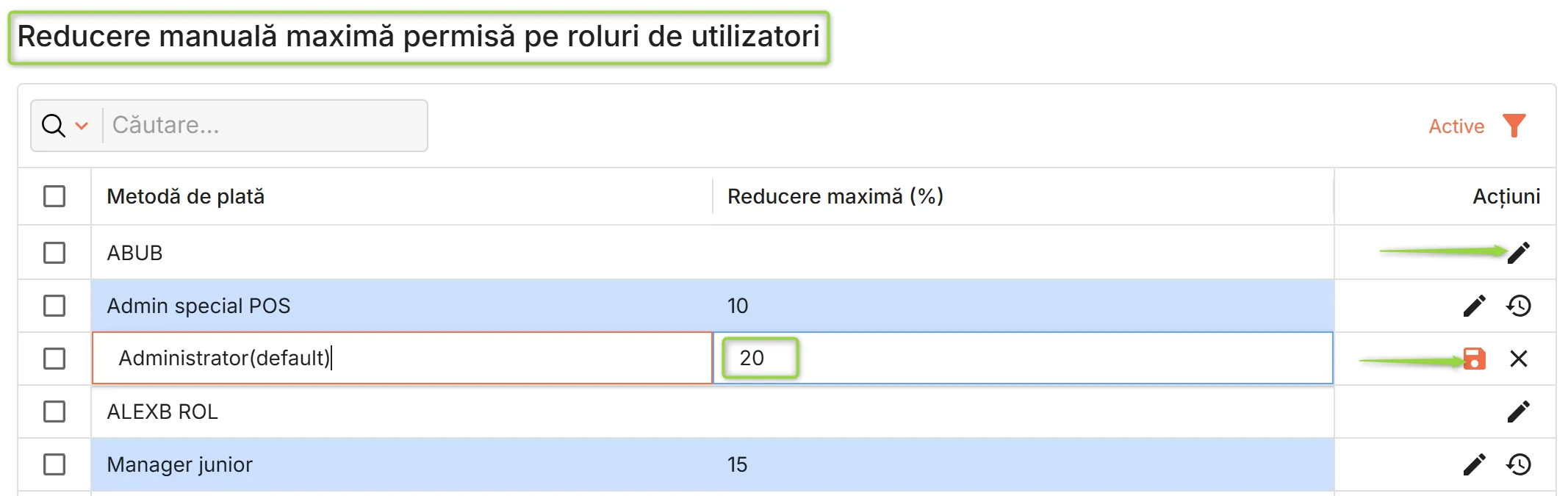 Tabelul Reducere manuală maximă permisă pe roluri de utilizatori Tabelul Reducere manuală maximă permisă pe roluri de utilizatori