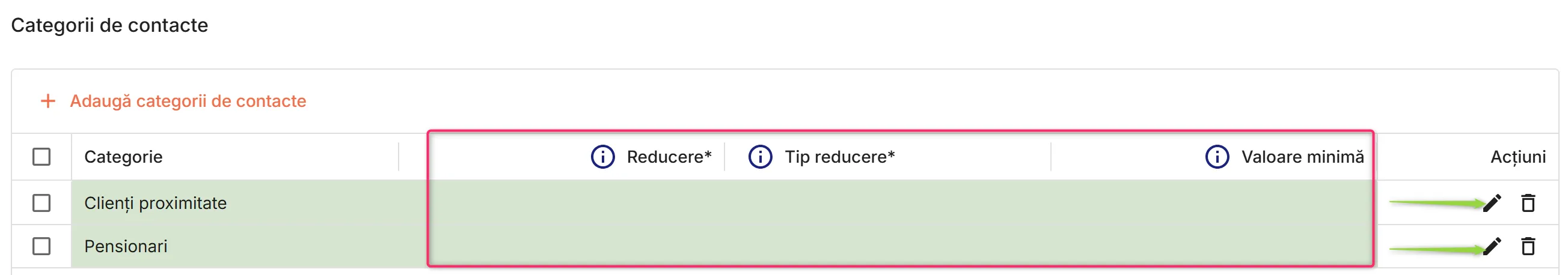 Editare categorii de contacte selectate